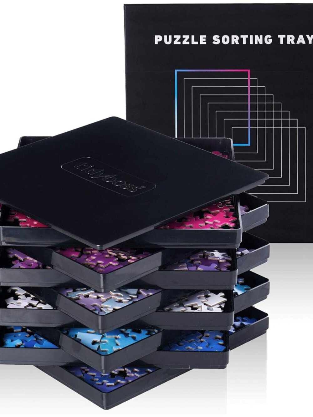 8 Black Puzzle Sorting Trays with Lid 10" x 10" | Puzzle Organizers and Storage
